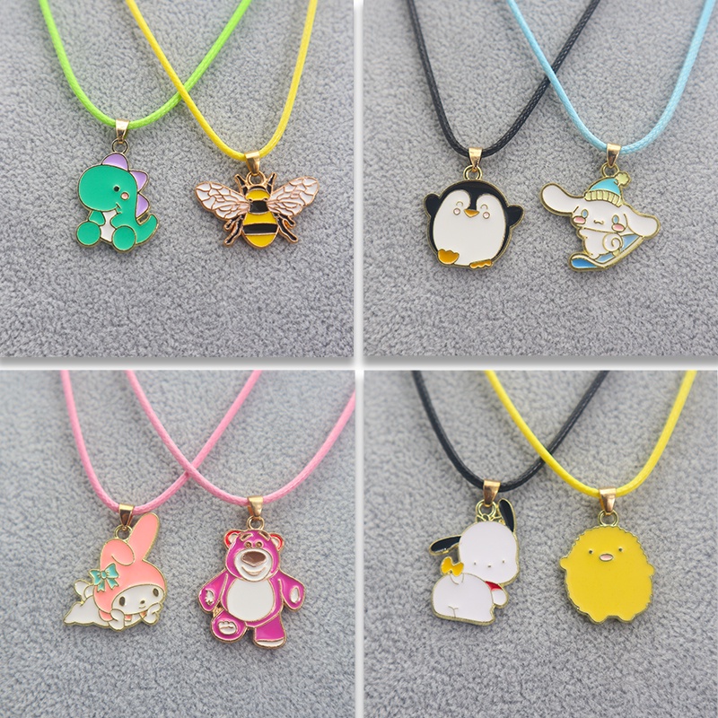 2pcs / Set Kalung Rantai Tali Lilin Liontin Kartun Hewan Warna-Warni Bahan Alloy Untuk Wanita