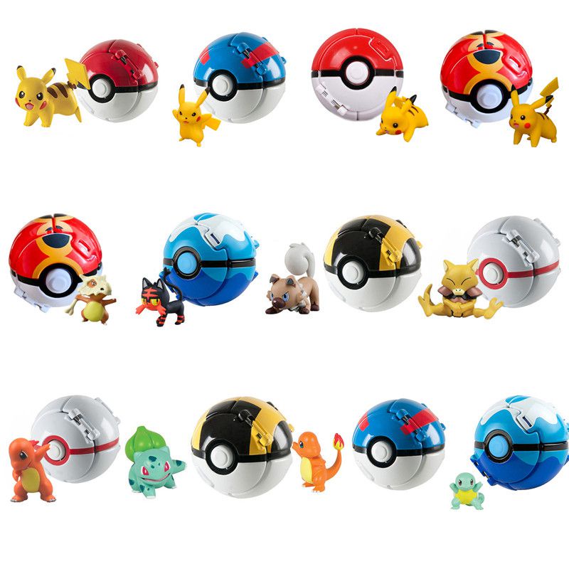 【Ready Stock】Pokemon Poke Ball Action Figure Model Toys Pikachu  Charmander Litten Rockruff Anime Figure