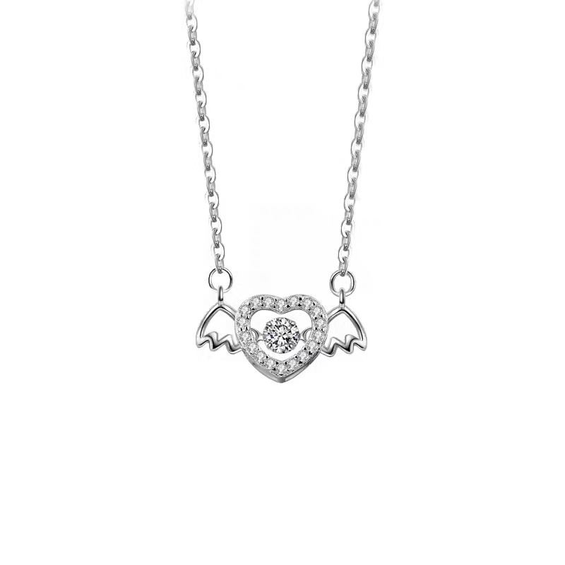 Kalung Rantai Choker Liontin Hati Sayap Aksen Kristal Warna Silver Untuk Wanita