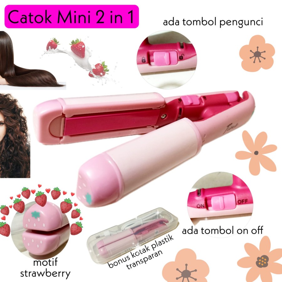 Catok Rambut Mini 2 in 1 Lurus Keriting Motif Strawberry Beauty