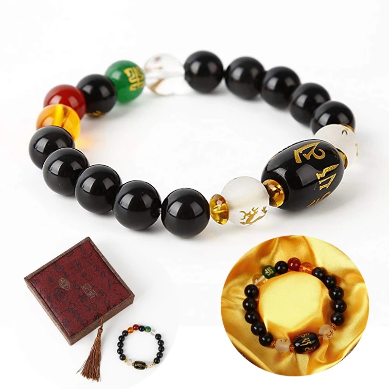 Unisex  Feng Shui Five Element Obsidian  Beads Bracelet / Wealth and Good Luck Bracelet / Lucky Colourful Natural Stone Charm Bracelets