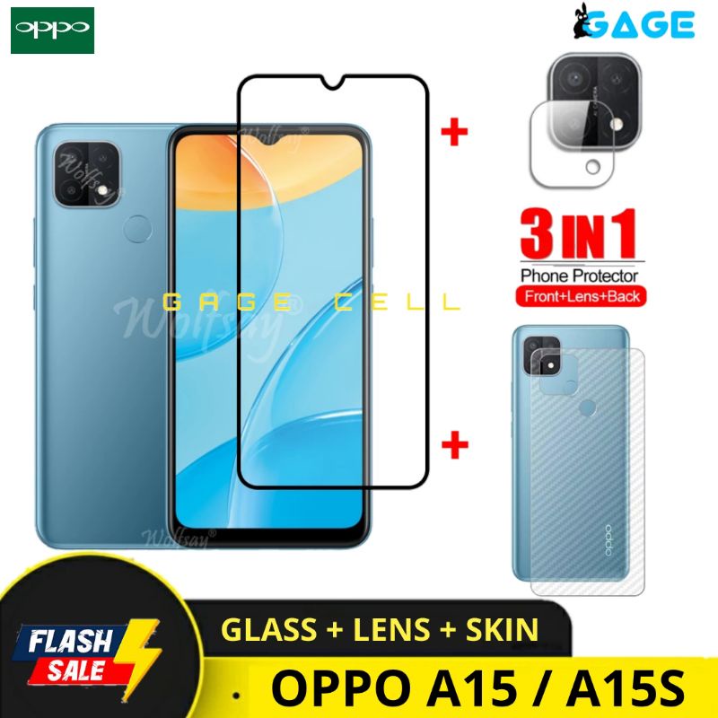 3in1 TEMPERED GLASS SKIN CARBON OPPO A15 A15s TG ANTI GORES DEPAN BELAKANG OPPO A15 FULL SCREEN