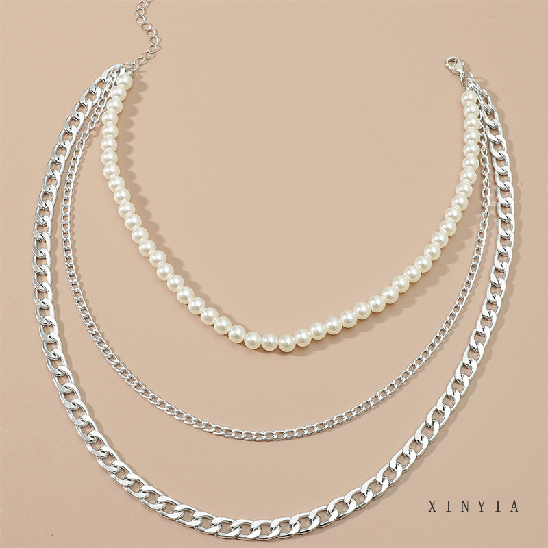 Kalung Rantai Klavikula Hias Mutiara Bahan Logam Warna Silver Gaya Hip Hop Retro Untuk Unisex
