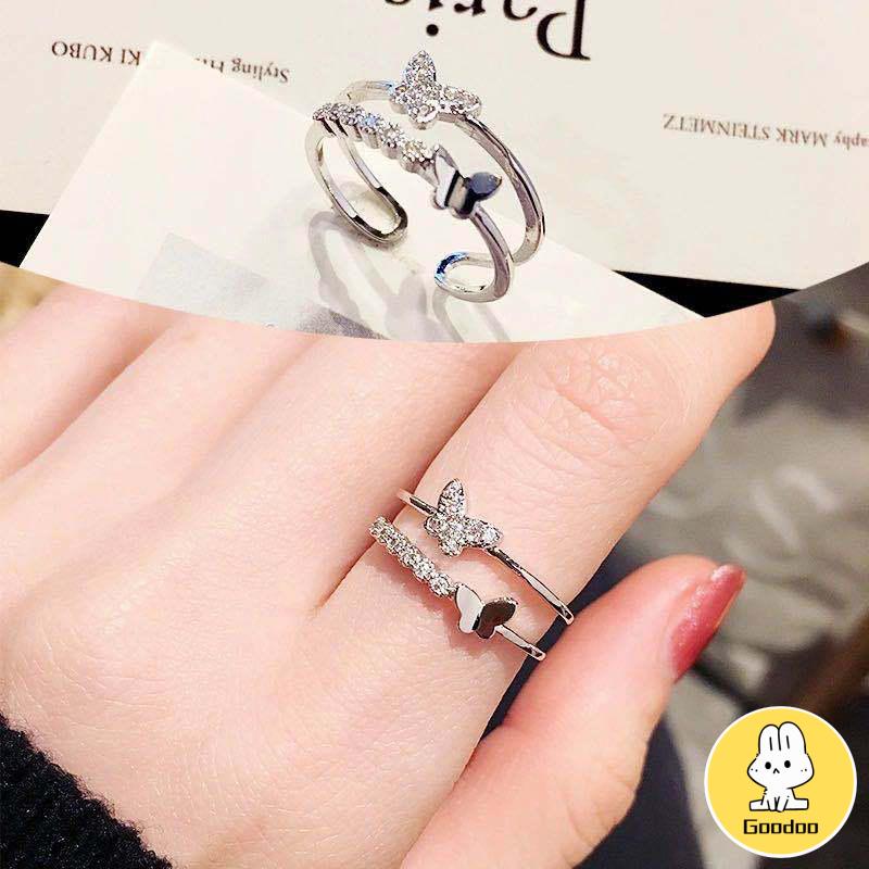 Double Butterfly Diamond Ring Pembukaan Cincin Dapat Disesuaikan Wanita Fashion Perhiasan Aksesoris Hadiah Natal -Doo