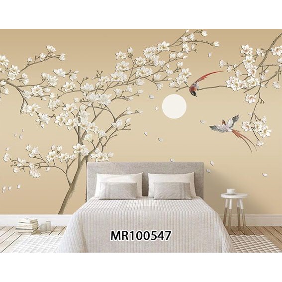 WALLPAPER 3D DINDING PHOTOWALL MURAL BUNGA SAKURA BURUNG CREAM NATURAL