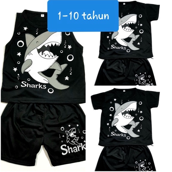 setelan kaos anak Laki-laki singlet / PDK 1-10 tahun lengan pendek celana hitam  baju ikan hiu shark fish cowok Grosir ecer