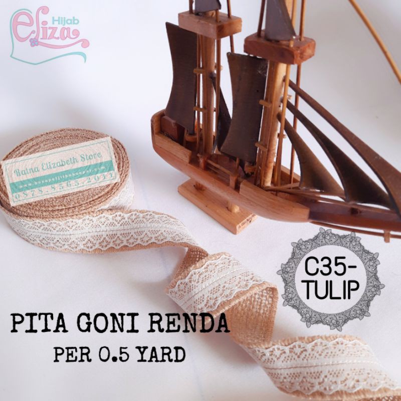 Pita Goni Renda Lebar 3.5 CM Per 0.5 Yard-Lace Burlap Ribbon-Rustic Florist Wrapping