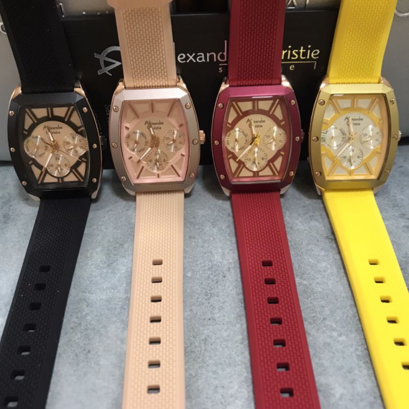 Jam Alexandre Christie AC 2998 BF RRG Wanita Rosegold Karet Hitam Cream Merah Kuning Segi