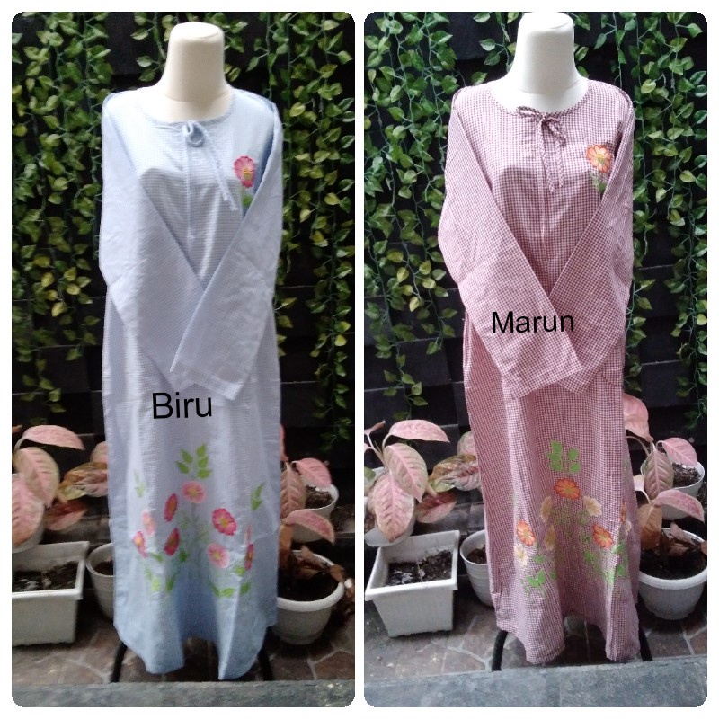 Homedress gamis abaya Bordir Malang bahan katun halus motif kotak ukuran ld 100, ld 105, L= ld 110  
