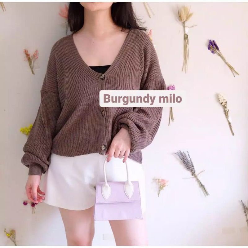 Joan Cardy Cardigan Rajut Shaby pullover crop bion outer vintage outer knitted kancing-Burgundy