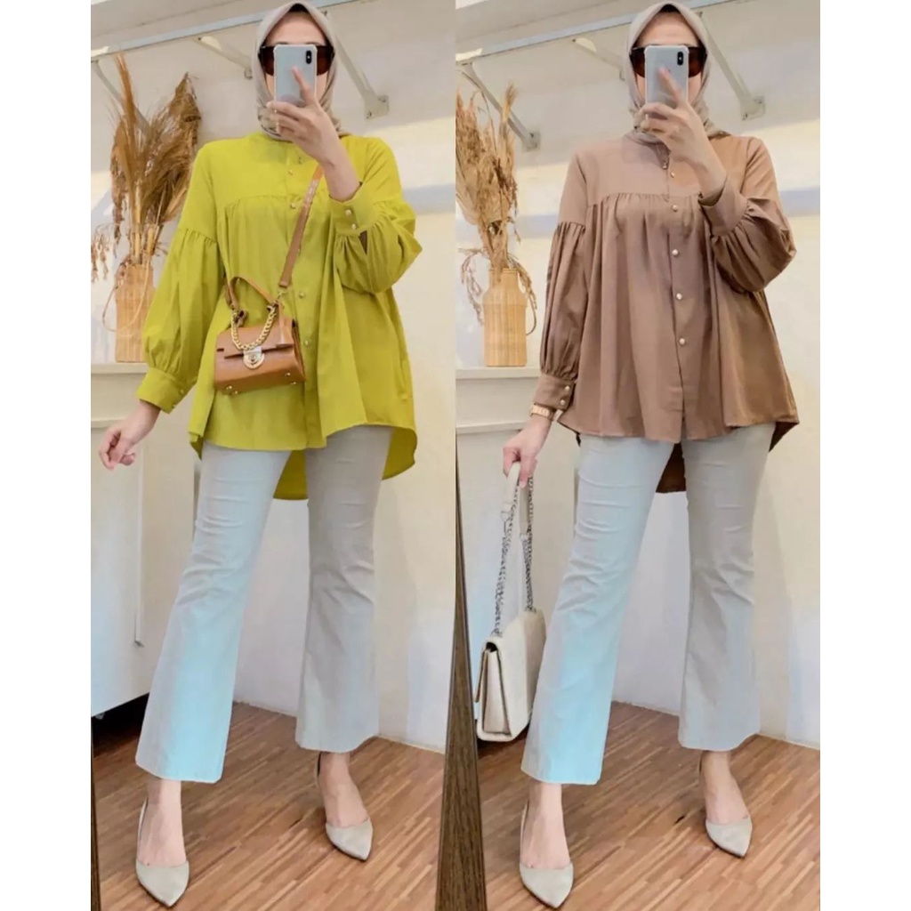 Baju Atasan Terbaru 2022 Alesha Blouse Matt.Katun Rayon Premium Atasan Blouse Wanita Kekinian Atasan Lengan Panjang Kancing Hidup Warna Army Lemon Skin Blue-1