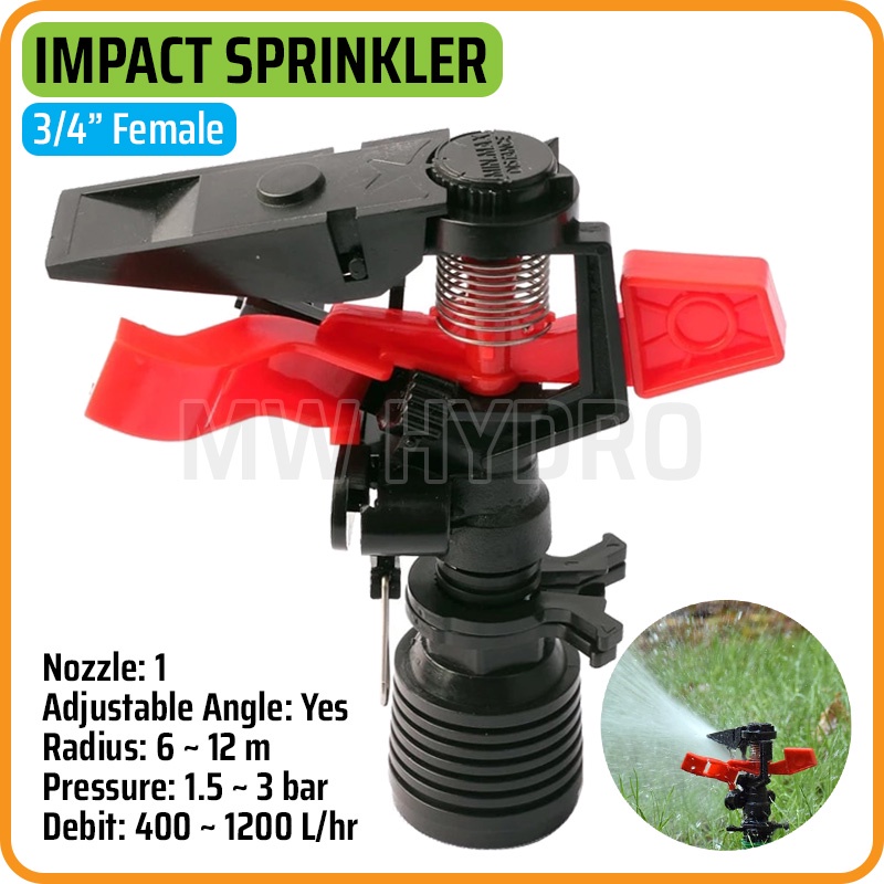 Impact Sprinkler 3/4&quot; Female - 1 Nozzle - 360° Adjustable Rotation Angle