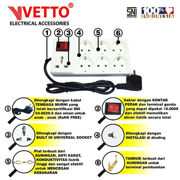 VETTO V8206 R7 Stop Kontak 7 Lubang Switch + Universal - 3 Meter