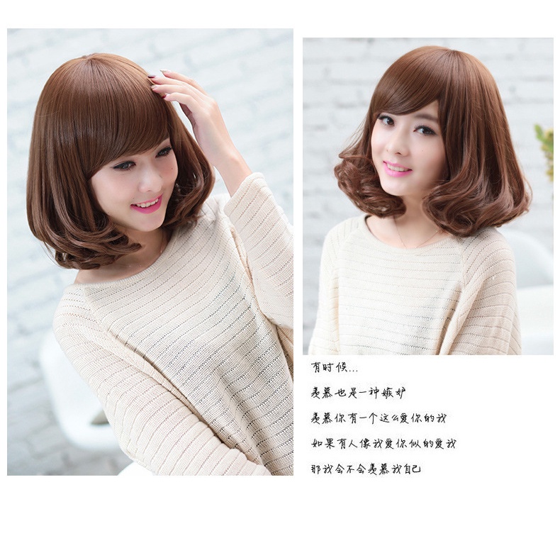 Wig Rambut Dewasa Full Lace Pendek Bergelombang / Short Hair Extension Curly Poni Depan Rambut Palsu Natural C4 F697