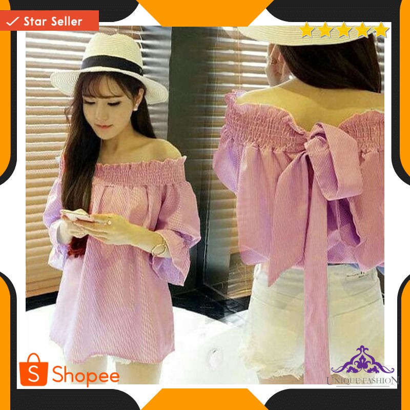 Lina Stripe Sabrina Red Ro Blouse Wanita Katun Merah