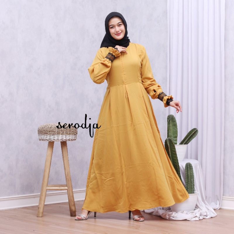 SERODJA Sahla Dress Gamis Simple Renda Rempel, Size M. L dan XL-Kunyit