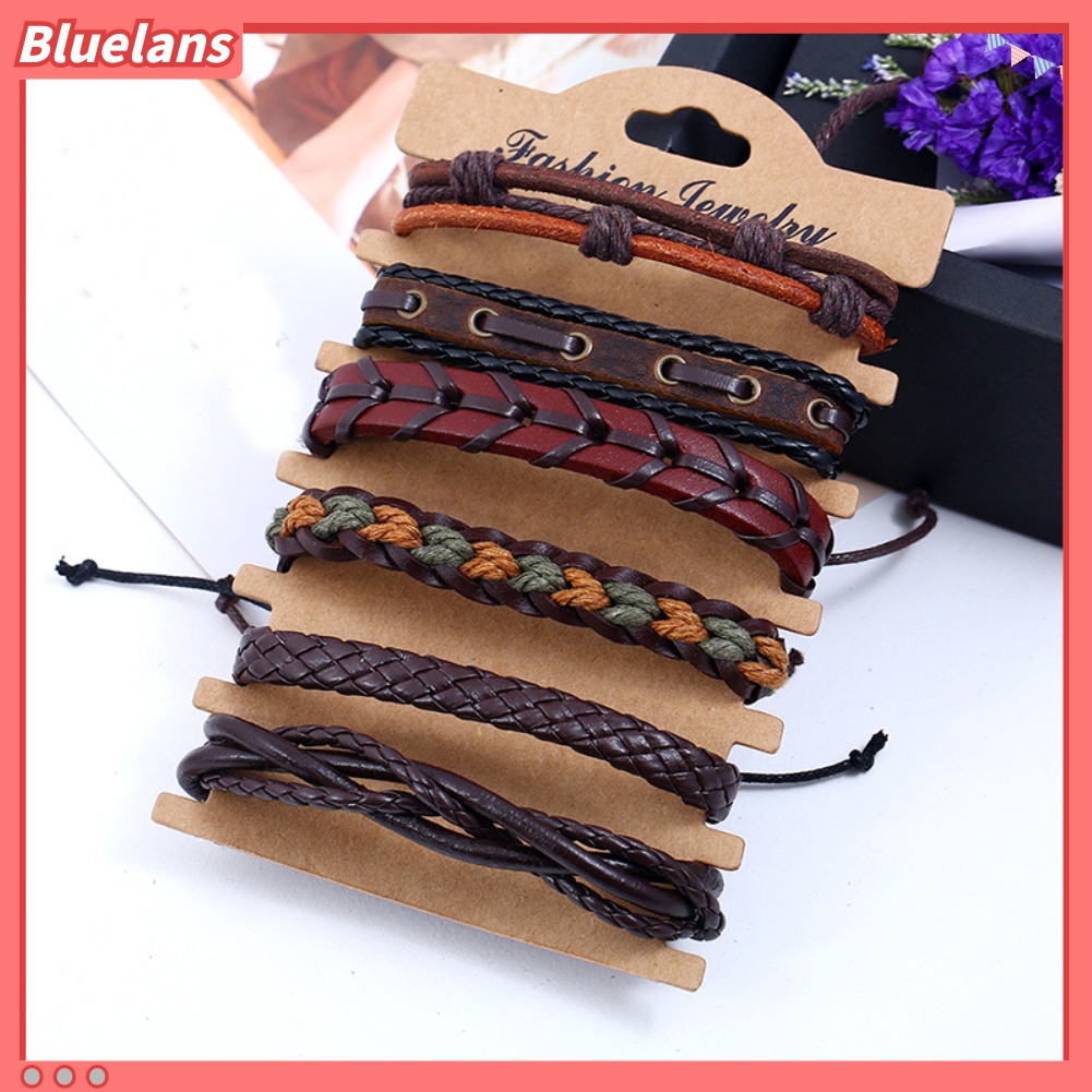 Bluelans 6Pcs / Set Gelang Tali Kepang Bahan Kulit Imitasi Gaya Vintage Untuk Pria