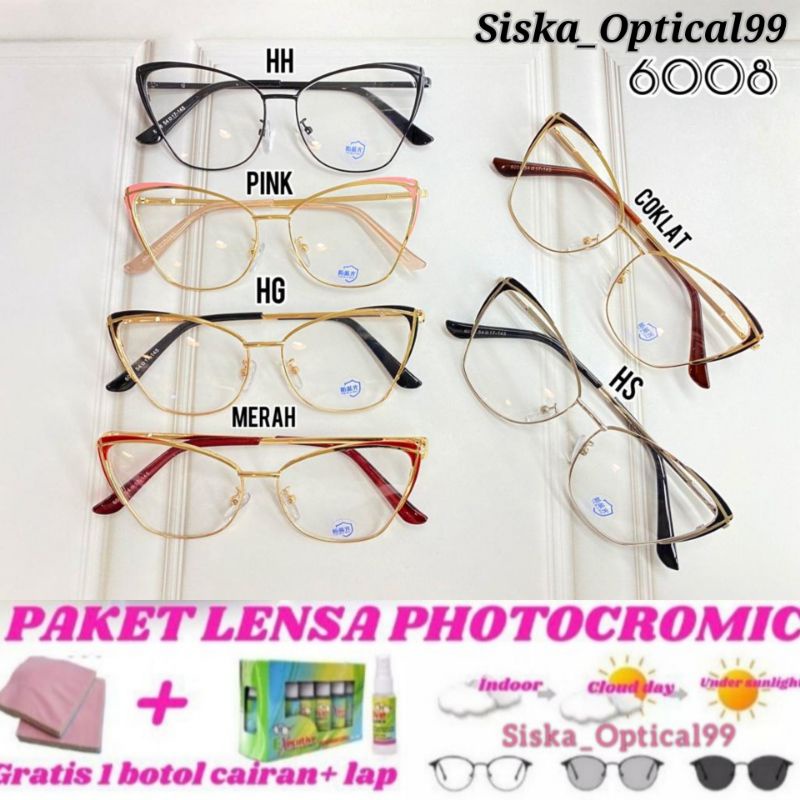 TERMURAH SE-SHOPEE Frame Kacamata Cat Eye (Paket Frame+Lensa) Kacamata Photocromic | Kacamata Anti Radiasi | Kacamata Wanita 6008