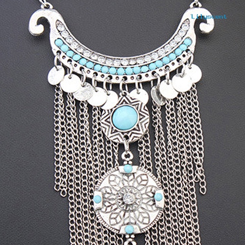 Kalung Choker Rantai Panjang Liontin Rumbai Turquoise Bahan Alloy Gaya Bohemian Untuk Wanita