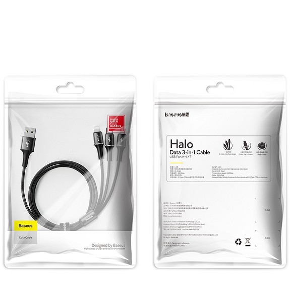 KABEL 3 IN 1 BASEUS HALO MICRO LIGHTNING TIPE C 1.2m IPHONE IPAD TIPE C MICRO CABLE