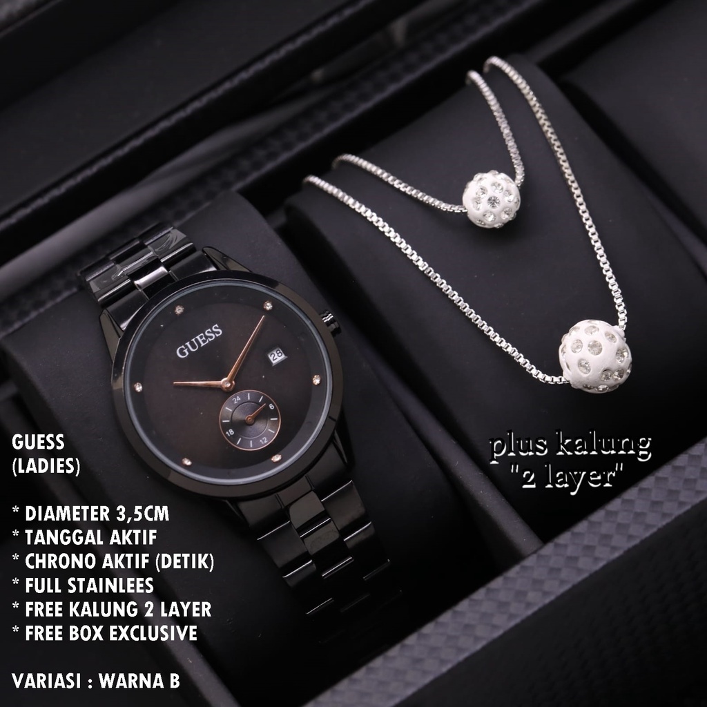 (BISA COD) JAM TANGAN WANITA GUESS RANTAI BODY BULAT TANGGAL &amp; CHRONO AKTIF FREE KALUNG