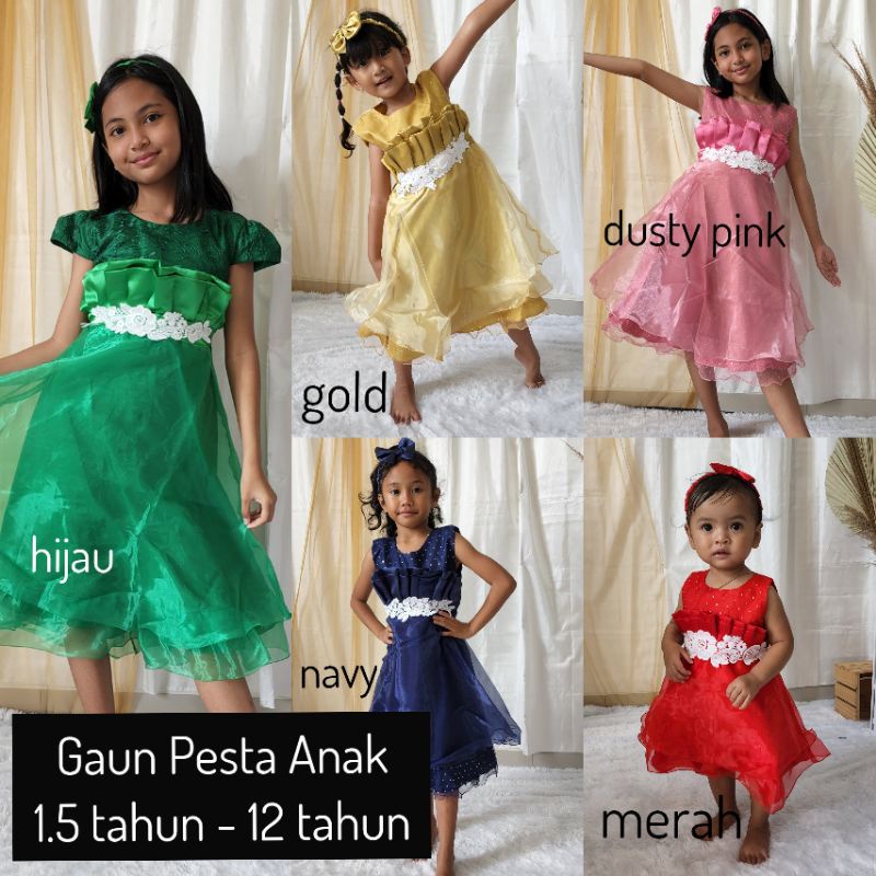 Gaun Pesta Anak Perempuan Import Warna Hijau Mewah Model Baru Kekinian Usia 1 Tahun sampai 12 Tahun Ala Korea Set Pita KA73