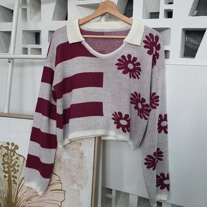 Sweater Rajut Crop Wanita Mouza Flowly Knite Premium Korean Style