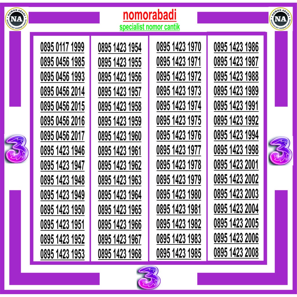 nomor cantik tri tahun h100