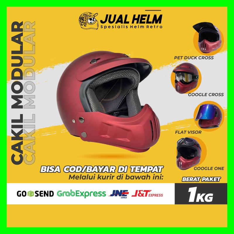 Helm Retro Cakil Modular Merah Doff / Red (Vespa / Klasik / Vintage)