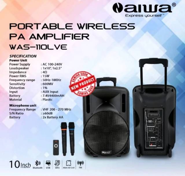 Speaker Portable Aiwa 10 inch Bluettoh usb radio baterai recharge free 2 mic wirelles