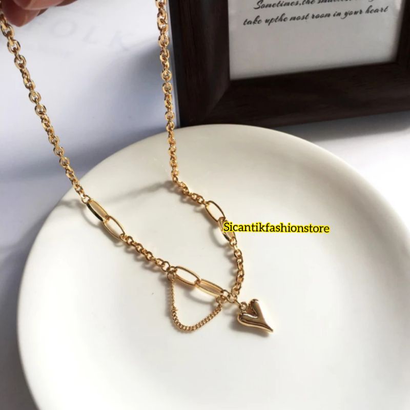 Kalung Titanium Liontin Love Gold Gerai Anti Karat selamanya Kalung Wanita Kekinian Mewah Terbaru Liontin Love Gold model Gerai