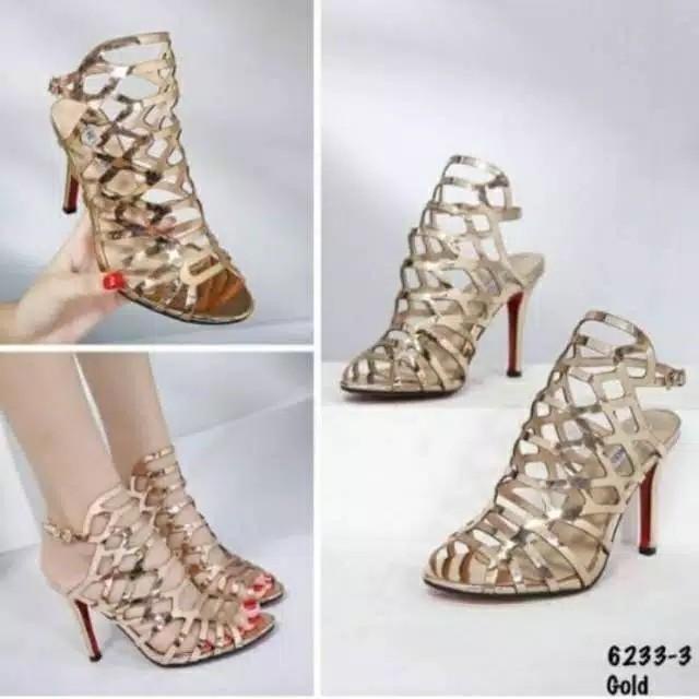 Heels Sepatu High Heels Gladiator Boots Pesta Elegan Mewah Emas Gold Ernl53