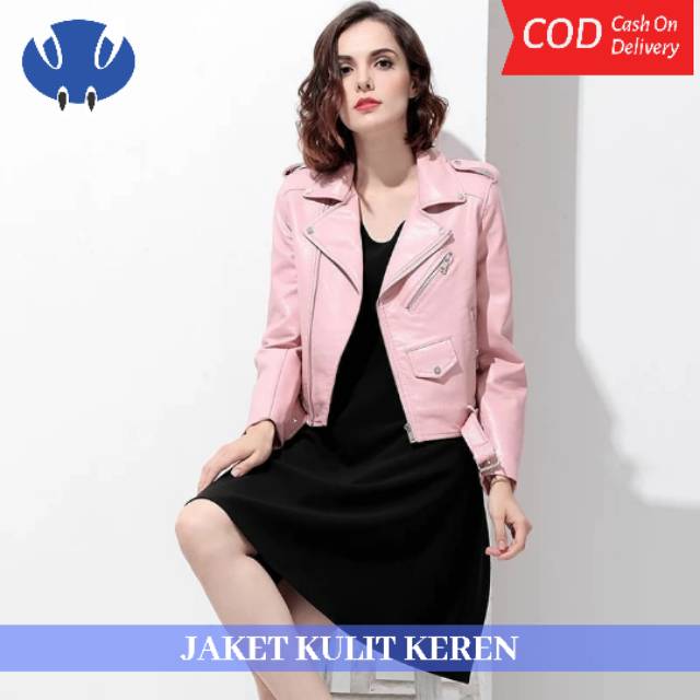 Jaket Kulit Wanita Rock N roll Warna Pink