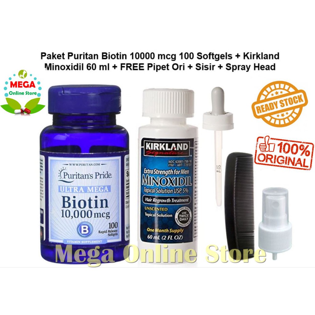 PIPET ORI + Kirkland Minoxidil 60 ml + Puritan Biotin 10000 mcg 100 softgels