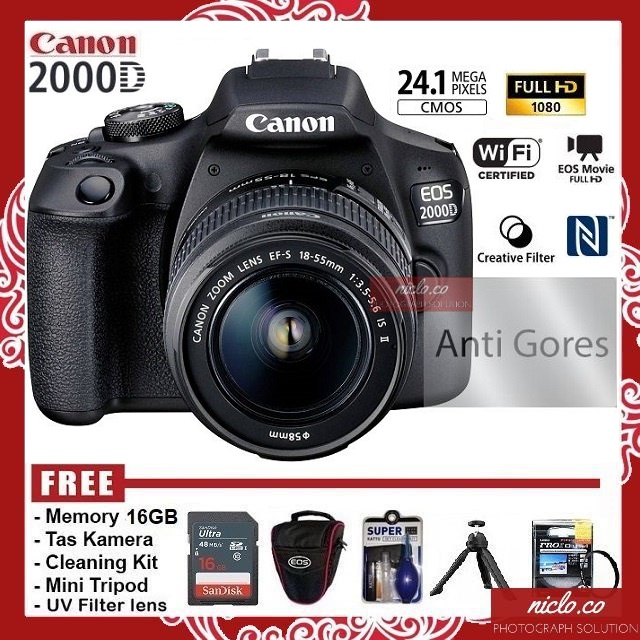 [NEW] KAMERA CANON EOS 2000D + LENSA KIT 18-55MM IS WIFI - GARANSI 1 TAHUN - CAMERA DSLR 1500d 1300d