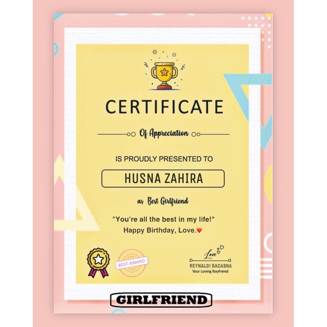 Bingki foto|Sertifikat Penghargaan untuk orang Tersayang|Pacar|Sahabat|Keluarga, Kado Ulang Tahun Pa