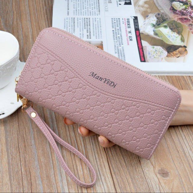 DOMPET WANITA 2 RESLETING PREMIUM PINK KULIT PANJANG KOREA MURAH FASHION ARIHA WA119P3 TALI