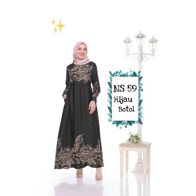 Gamis Nibras Syari Batik Series Warna Hijau Botol Model Terbaru Gamis Adem NS 059