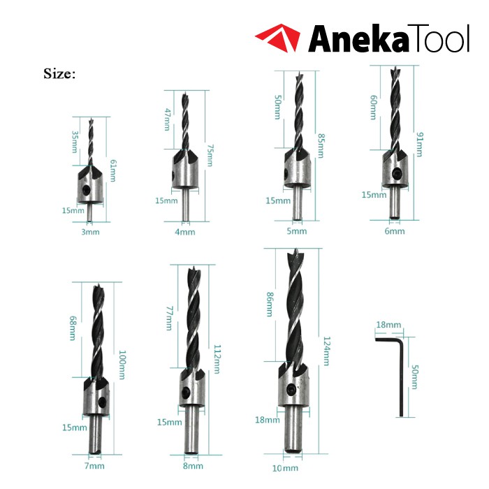 AT Mata Bor Kayu dengan Countersink / Woodworking Champer (7 Pc)