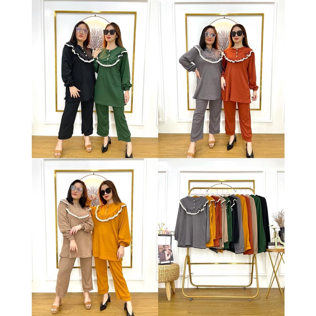 Setelan tunik rajut busui renda + celana lengan karet wudhu bahan rajut merk cocobee (903)