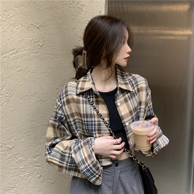 kemeja kotak-kotak pendek wanita jaket korea style kemeja lengan panjang retro