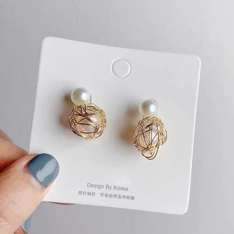 (Hello Girl)E02 Anting Tusuk Wanita Korea Bunga Pita Hati Mutiara Import-E02 Mutiara Besar