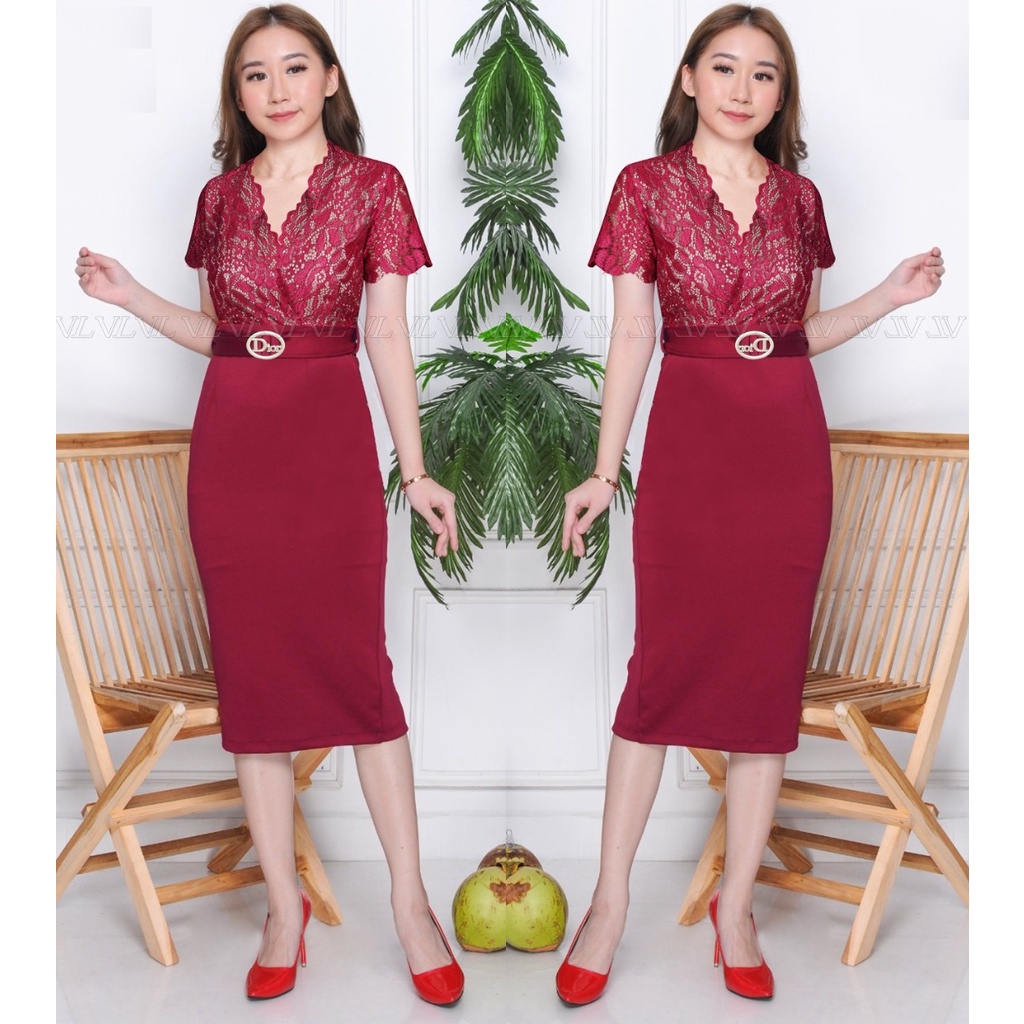 LooWear- Dress Wanita Formal Modern Vneck Bahan Brokat Terbaru 2022