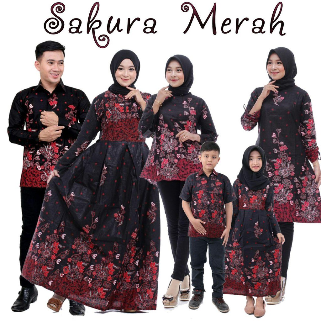 Saroja (083) Couple Keluarga Batik Gamis Batik Katun Premium Motif Sakura Merah