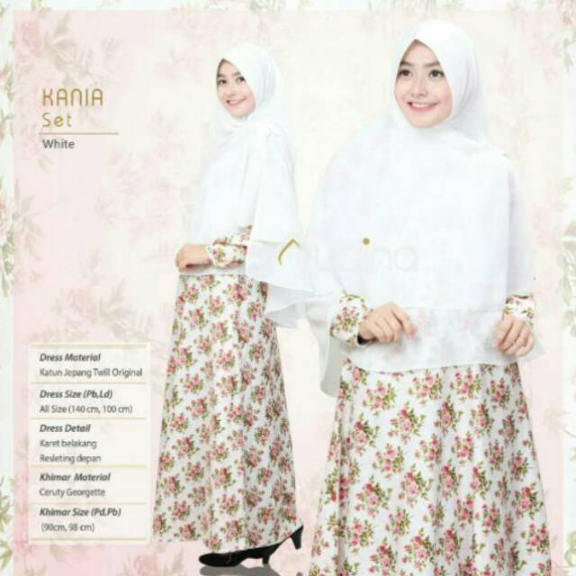 Kania set gamis muslim syari katun Jepang original motif khimar pet ceruty polos busui motif putih