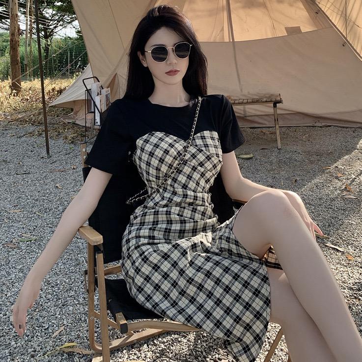 [Llittlecrab] Dress Motif Kotak-Kotak Hitam Putih Fishtail Simple Kasual Elegan Long Dress Sexy Square Pattern Motif Unik Berkualitas Simply Korean Style Dress Pantai Piknik