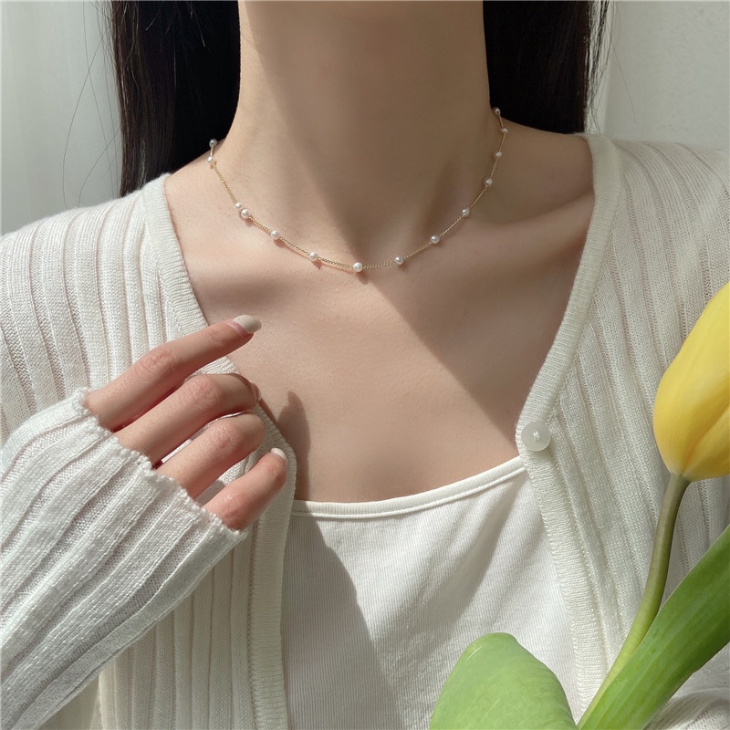 Women Fashion Gifts Pearl Jewelry Women Korean Pearl Party Jewellery Choker Gold Color Goth Chocker Trendy Simple Alloy Pearl Nacklace Accessories