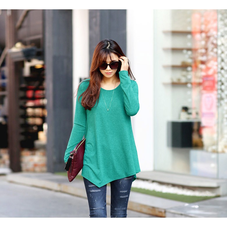 KARAKOREA PinUp Unbalanced Tee Baju Atasan Wanita Lengan panjang-PU Standard/Tosca