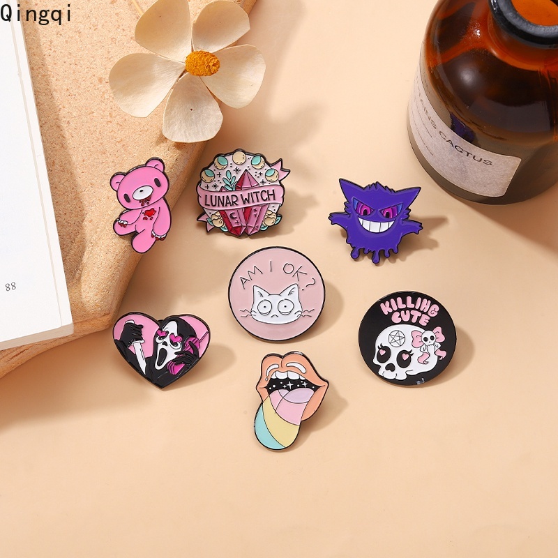 Bros Pin Enamel Desain Kartun Beruang Pink Tengkorak Bibir Warna-Warni Gaya Punk Untuk Pakaian