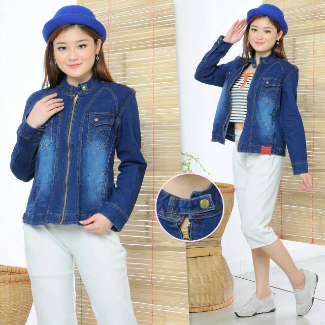 MC girl - Jaket Jeans Kerah Tinggi /Jaket Kerah Shanghai Resleting / Jaket Lepis Sleting Kerah Tegak Korean Style / Jacket Denim Kerah Shang Hai Warna Biru Tua